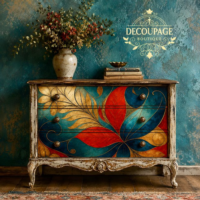 Bold Teal Red Floral Decoupage Tissue Paper (Bold Teal Red Floral Decoupage Tissue Paper)