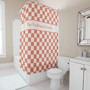 Bold Terracotta Cream Chequered Pattern with Name Shower Curtain