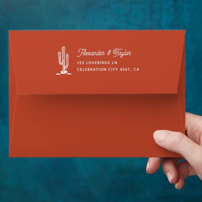 Bold Terracotta Red Saguaro Cacti Desert Wedding Envelope (Hand)