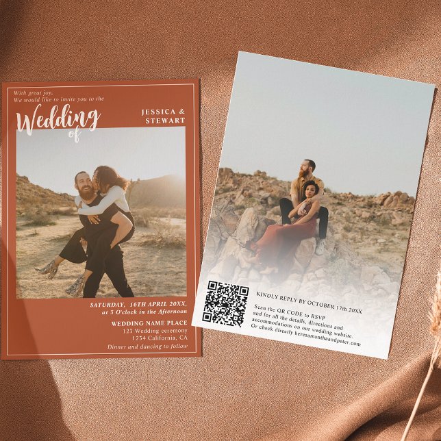 Bold terracotta wedding script photo Qr code Invitation (Creator Uploaded)
