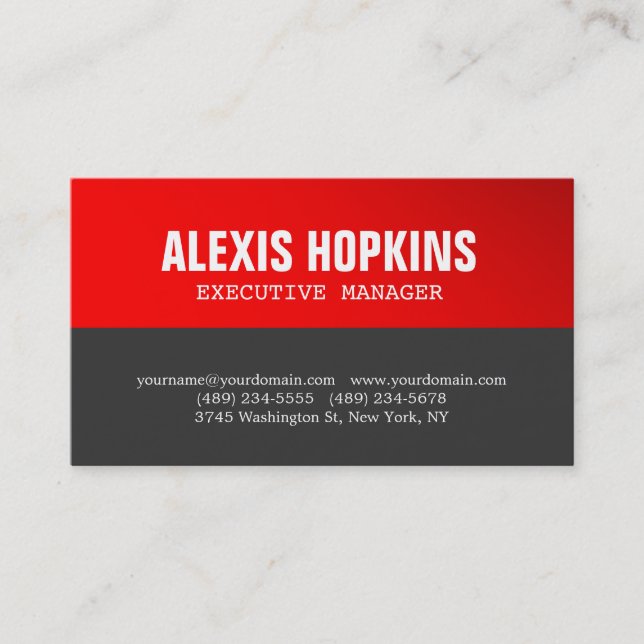 Bold Text Red Grey Stylish Modern Professional Business Card (Front)