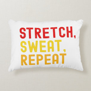 Bold Text "STRETCH, SWEAT, REPEAT." on White Backg Decorative Cushion