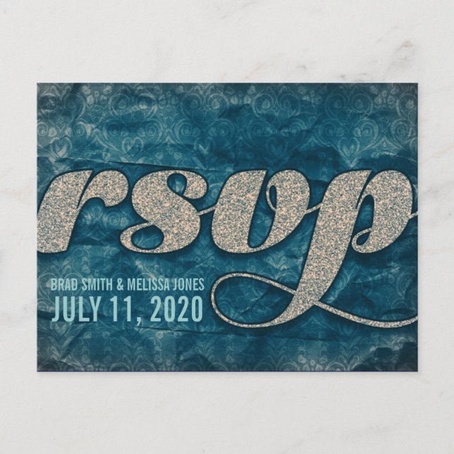 Bold Textured Teal Damask RSVP  Invitation Postcard (Front)