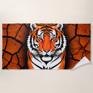 Bold Tiger on Cracked Earth Backgroun Beach Towel