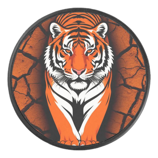 Bold Tiger on Cracked Earth Backgroun Hockey Puck (Front)