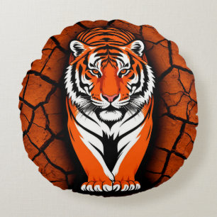 Bold Tiger on Cracked Earth Backgroun Round Cushion