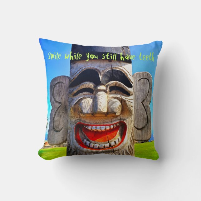 Bold Totem Laughing Wood Face Photo Smile Quote Cushion (Front)