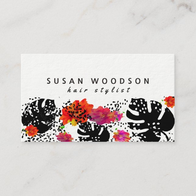 Bold Trendy Floral Monstera Dot Pattern Modern Business Card (Front)