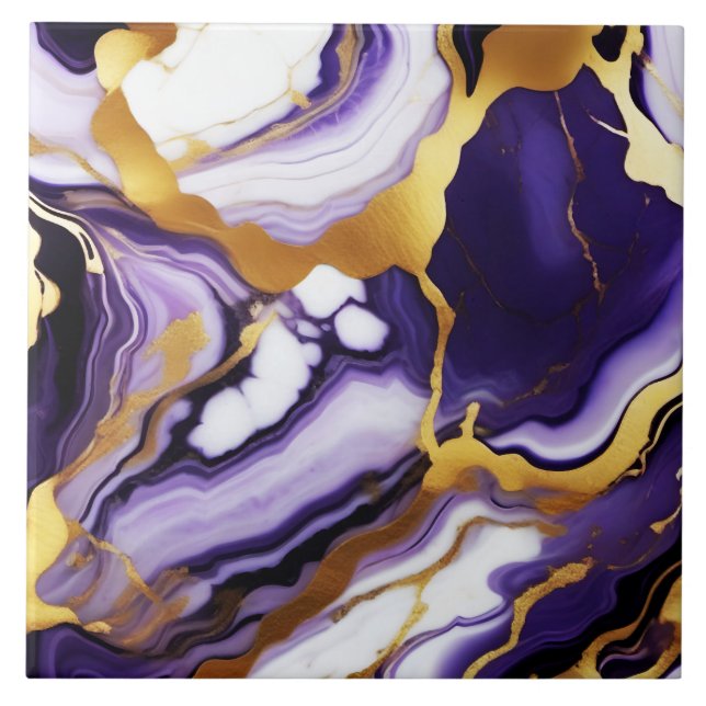 Bold Trendy purple yellow Gold faux marble Ceramic Tile (Front)