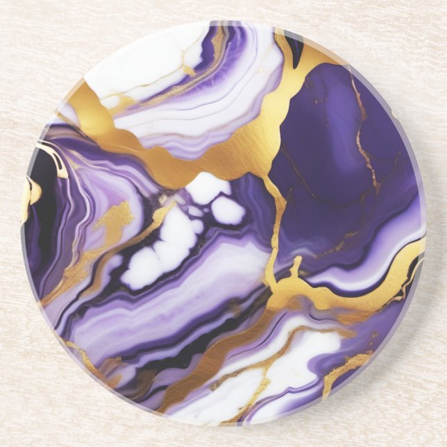 Bold Trendy purple yellow Gold faux marble Coaster (Front)