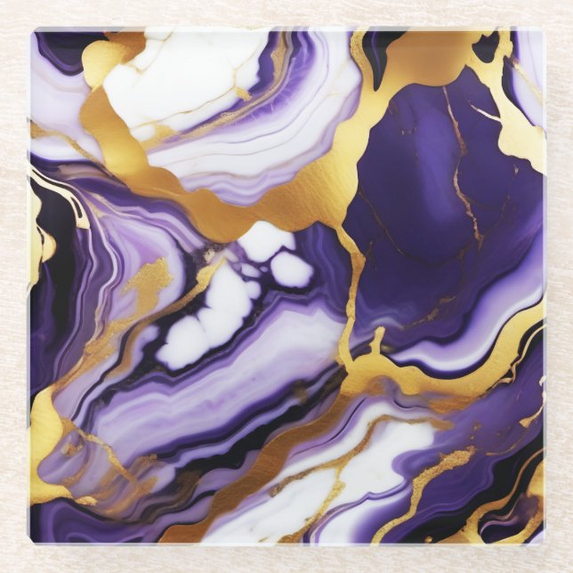 Bold Trendy purple yellow Gold faux marble Glass Coaster (Front)