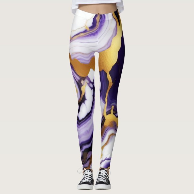 Bold Trendy purple yellow Gold faux marble Leggings (Front)