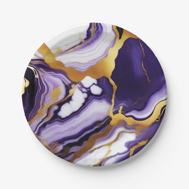 Bold Trendy purple yellow Gold faux marble Paper Plate (Front)