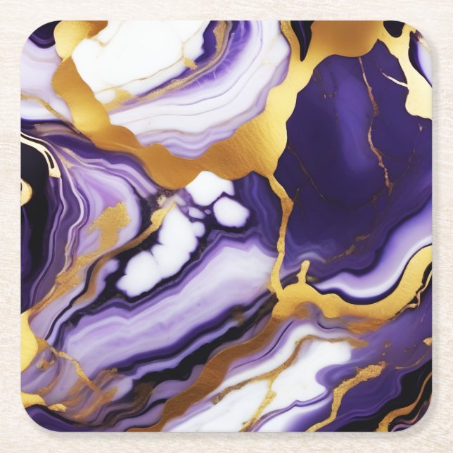 Bold Trendy purple yellow Gold faux marble Square Paper Coaster (Front)