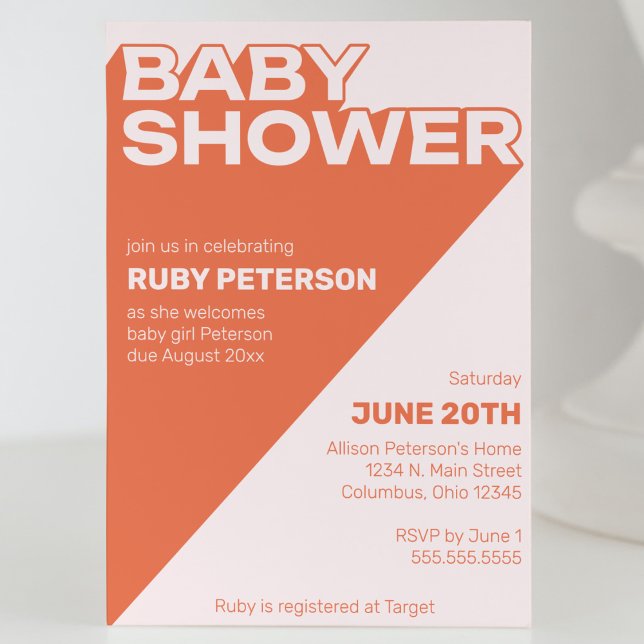 Bold Trendy Typography Colour Block Baby Shower Invitation (gender neutral baby shower invitation bold typography graphic orange and pink modern cool trendy fun)