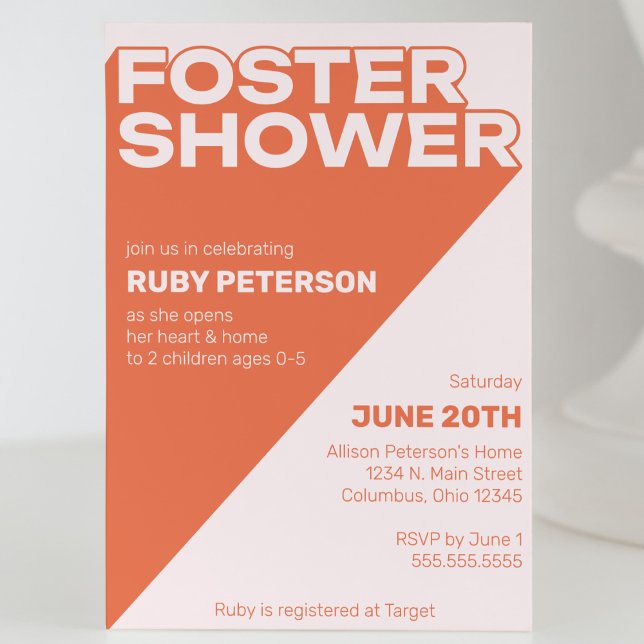 Bold Trendy Typography Colour Block Foster Shower Invitation (Foster care baby shower invitation bold typography graphic orange and pink modern cool trendy fun)