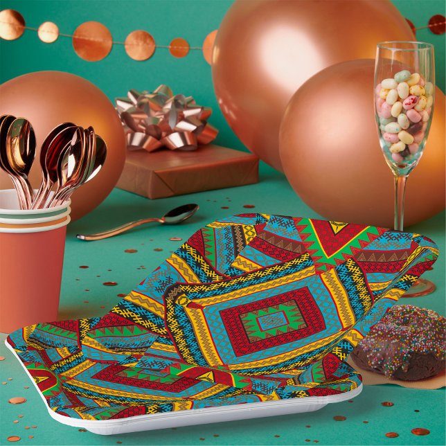 Bold Tribal Geometric Pattern Colourful Ethnic Boh Paper Plate (Creator Uploaded)
