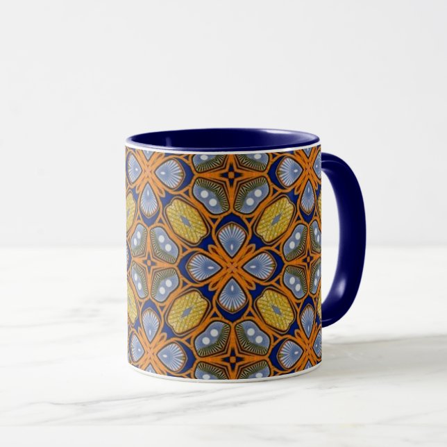 Bold Tribal Tile Mug with Deep Blue Interior (Front Right)