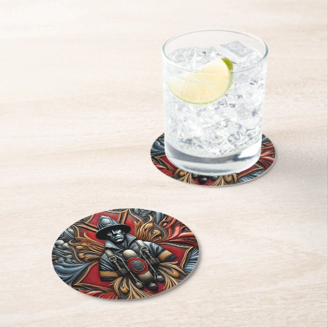 Bold Tribute to Courageous Firefighters Round Paper Coaster (Insitu)
