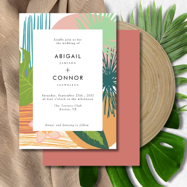 Bold Tropical Abstract Coral Teal Wedding Invitation (Creator Uploaded)