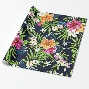 Bold Tropical Flowers of Hibiscus Orchids and Plum Wrapping Paper