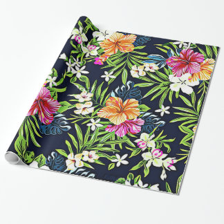 Bold Tropical Flowers of Hibiscus Orchids and Plum Wrapping Paper