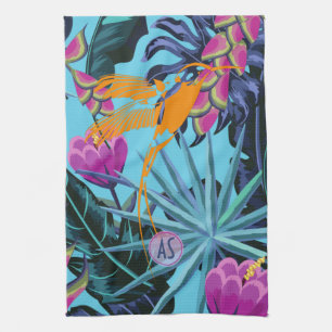 Bold Tropical Foliage Pattern with Hummingbird  Tea Towel