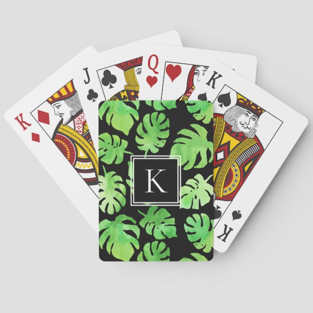 Bold Tropical Green Watercolor Leaves Monogram Playing Cards (Back)