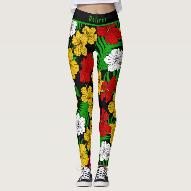Bold Tropical Hibiscus Floral Pattern  Leggings (Front)