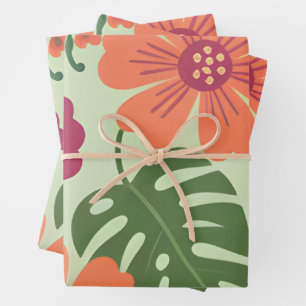 Bold Tropical Hibiscus & Monstera Leaf Wrapping Paper Sheet