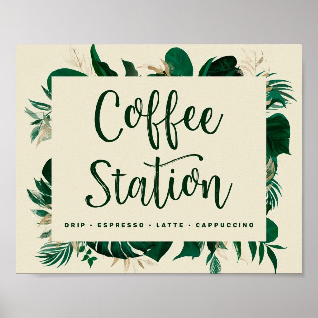 Bold Tropical Leaves Coffee Station Wedding Sign (Front)