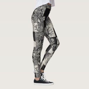 Bold Tropical Monochrome Floral Pattern Leggings