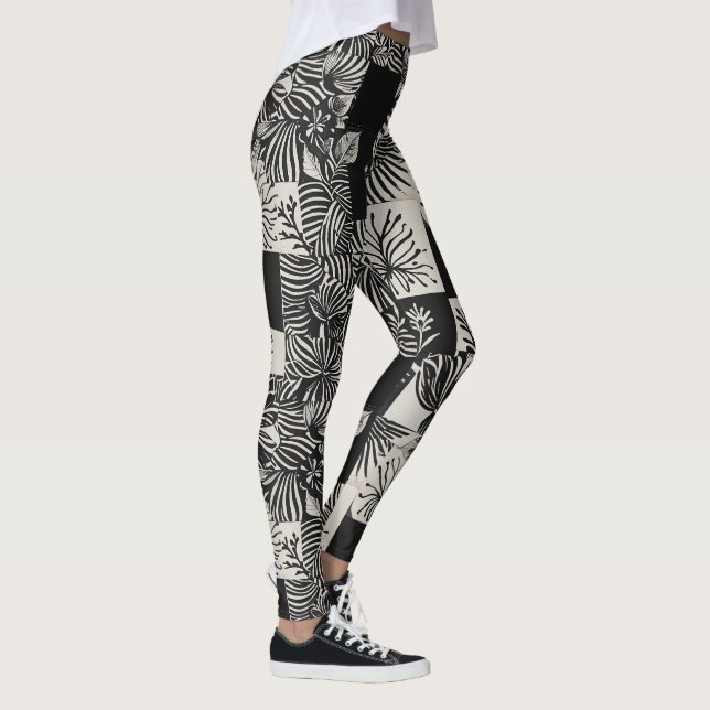 Bold Tropical Monochrome Floral Pattern Leggings (Right)