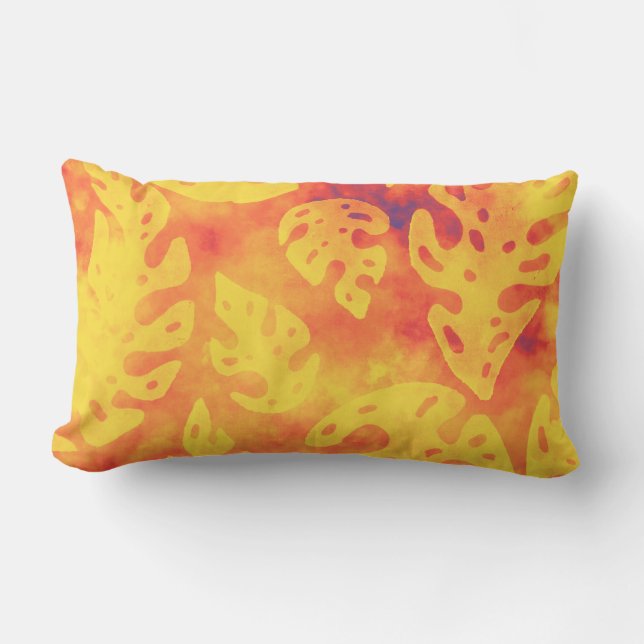 Bold Tropical Monstera Leaves Batik Orange Yellow Lumbar Cushion (Front)