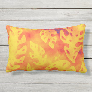 Bold Tropical Monstera Leaves Batik Orange Yellow Lumbar Cushion