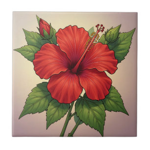 Bold Tropical Red Hibiscus Ceramic Tile