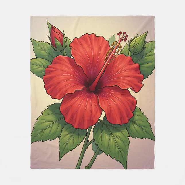 Bold Tropical Red Hibiscus Fleece Blanket (Front)