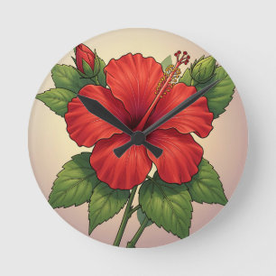 Bold Tropical Red Hibiscus Round Clock