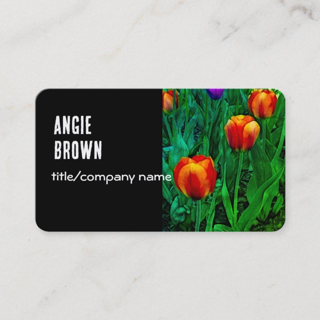 bold  tulips  flower photography on black  business card (Front)