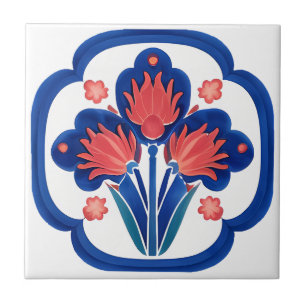 Bold Turkish Iznik Floral Ceramic Tile Art