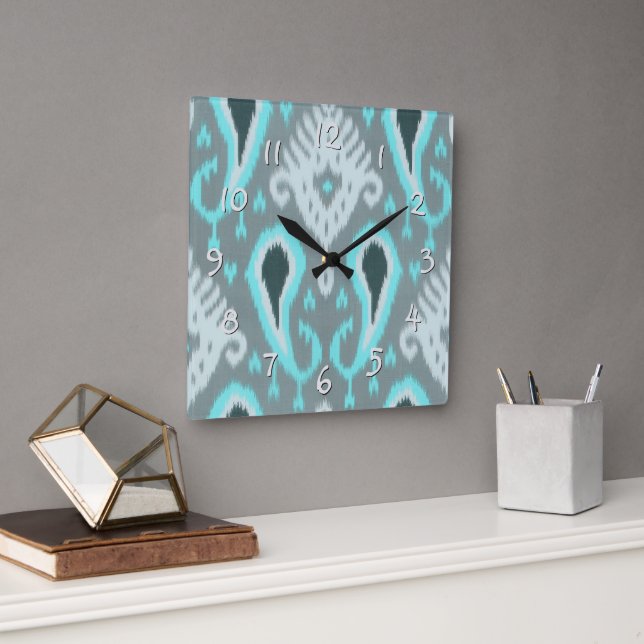 Bold Turquoise Blue Grey Ikat Tribal Art Pattern Square Wall Clock (Office)