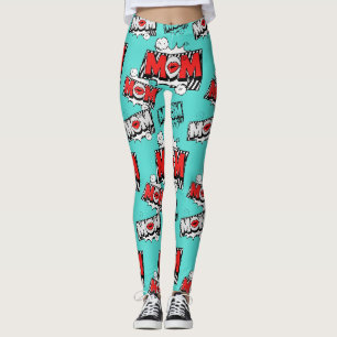 Bold Turquoise Comic MOM Graphic Pattern Leggings
