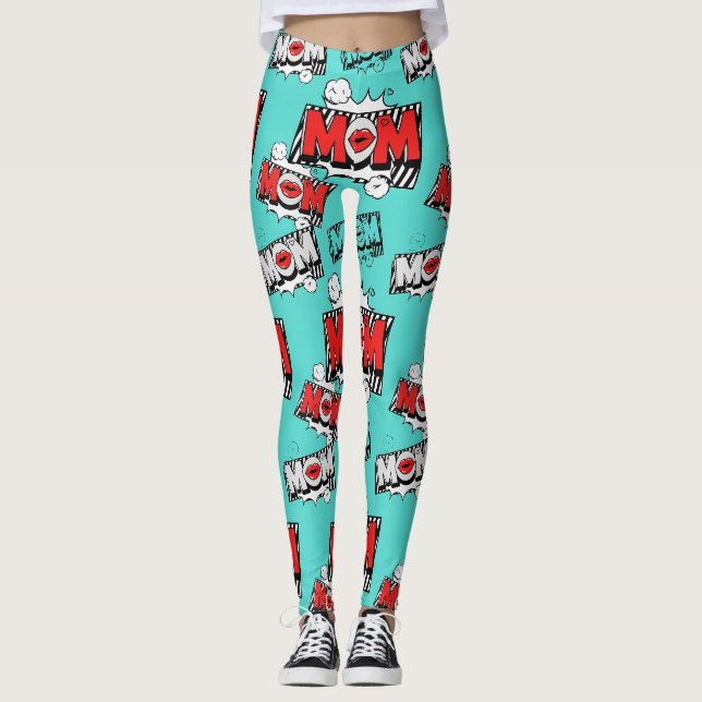 Bold Turquoise Comic MOM Graphic Pattern Leggings (Front)