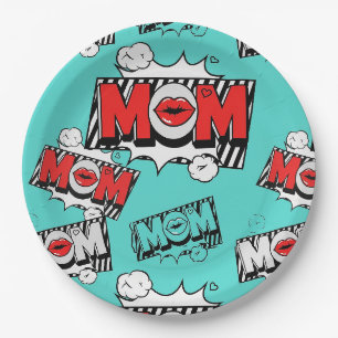 Bold Turquoise Comic MOM Graphic Pattern Paper Plate