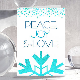Bold Turquoise Snowflake Peace Joy Love Typography Holiday Card