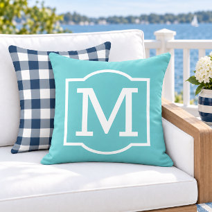 Bold Turquoise White Bracket Monogram Cushion