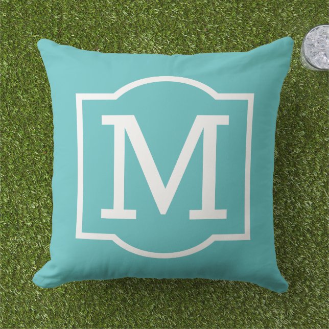 Bold Turquoise White Bracket Monogram Cushion (Grass)