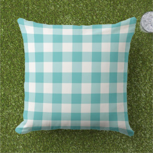 Bold Turquoise White Gingham Plaid Check Cushion