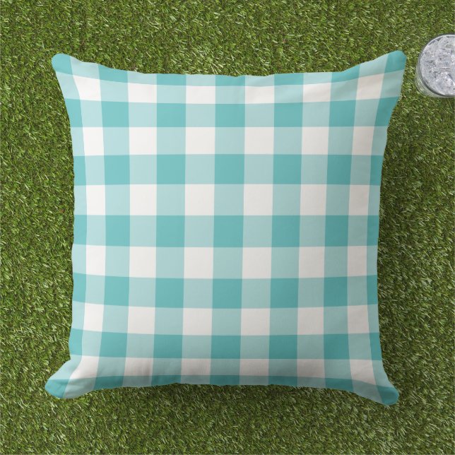 Bold Turquoise White Gingham Plaid Check Cushion (Grass)