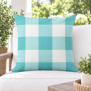 Bold Turquoise White Large Gingham Check Cushion